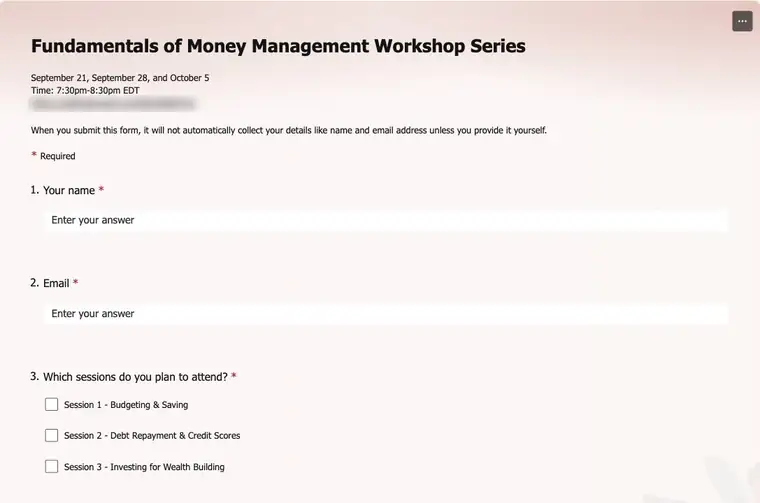The registration form for the Fundamentals of Money Management Workshop Series
